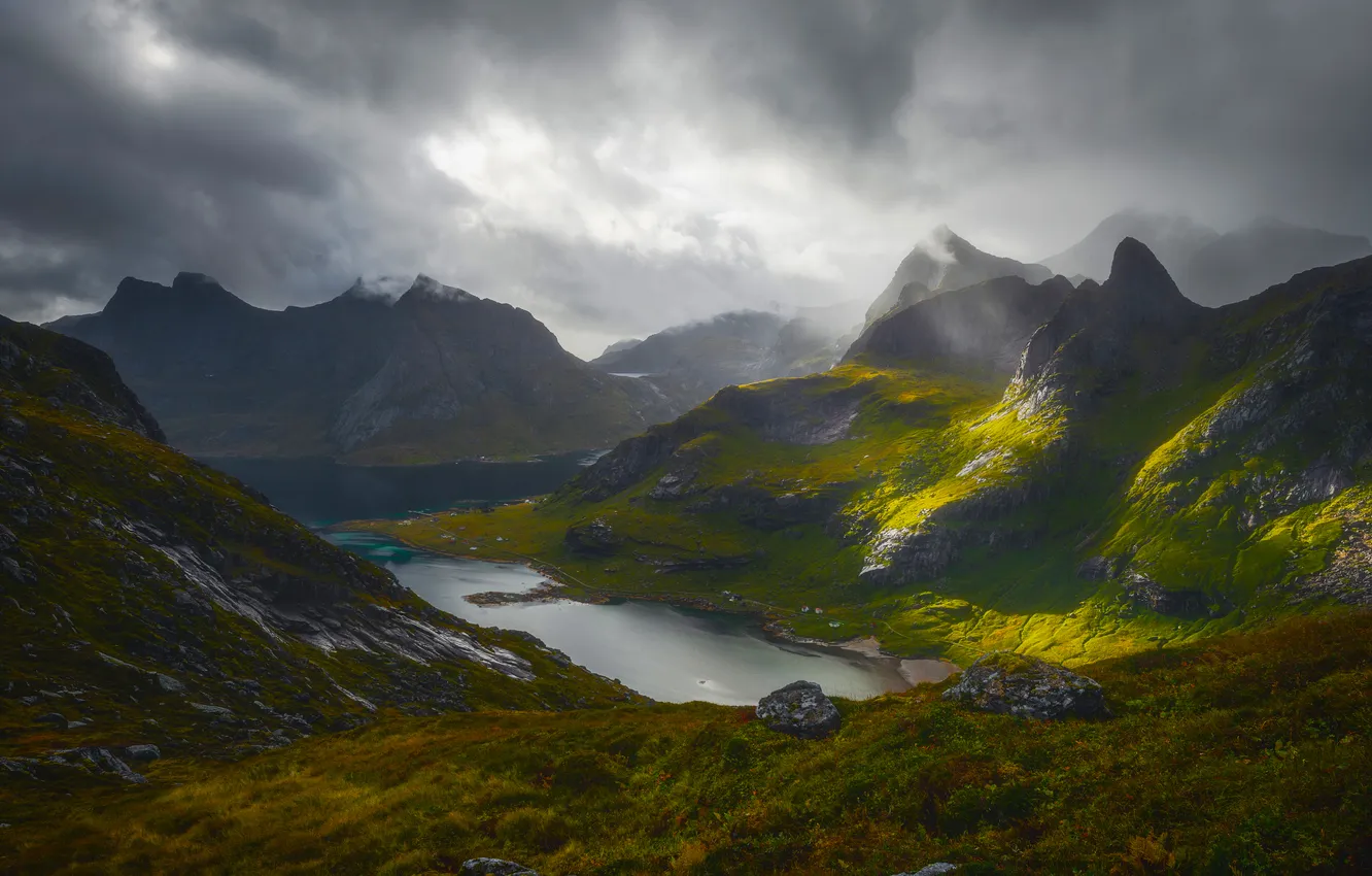 Photo wallpaper sky, mountains, clouds, houses, Norway, fjord, Pure, Lofoten