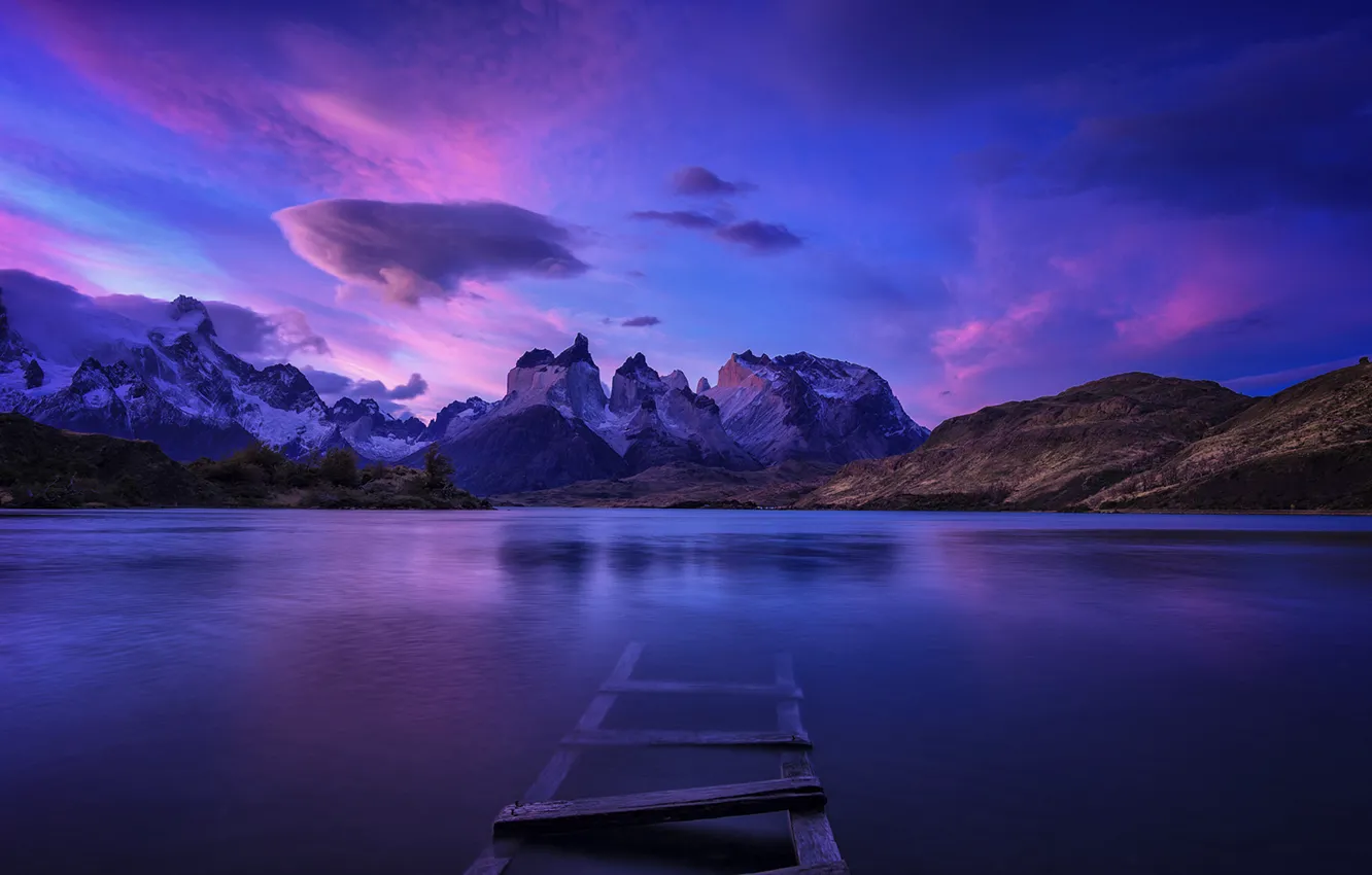 Photo wallpaper Sky, Purple, Landscape, Water, Mountain, Torres, Panoramic, Patagonia