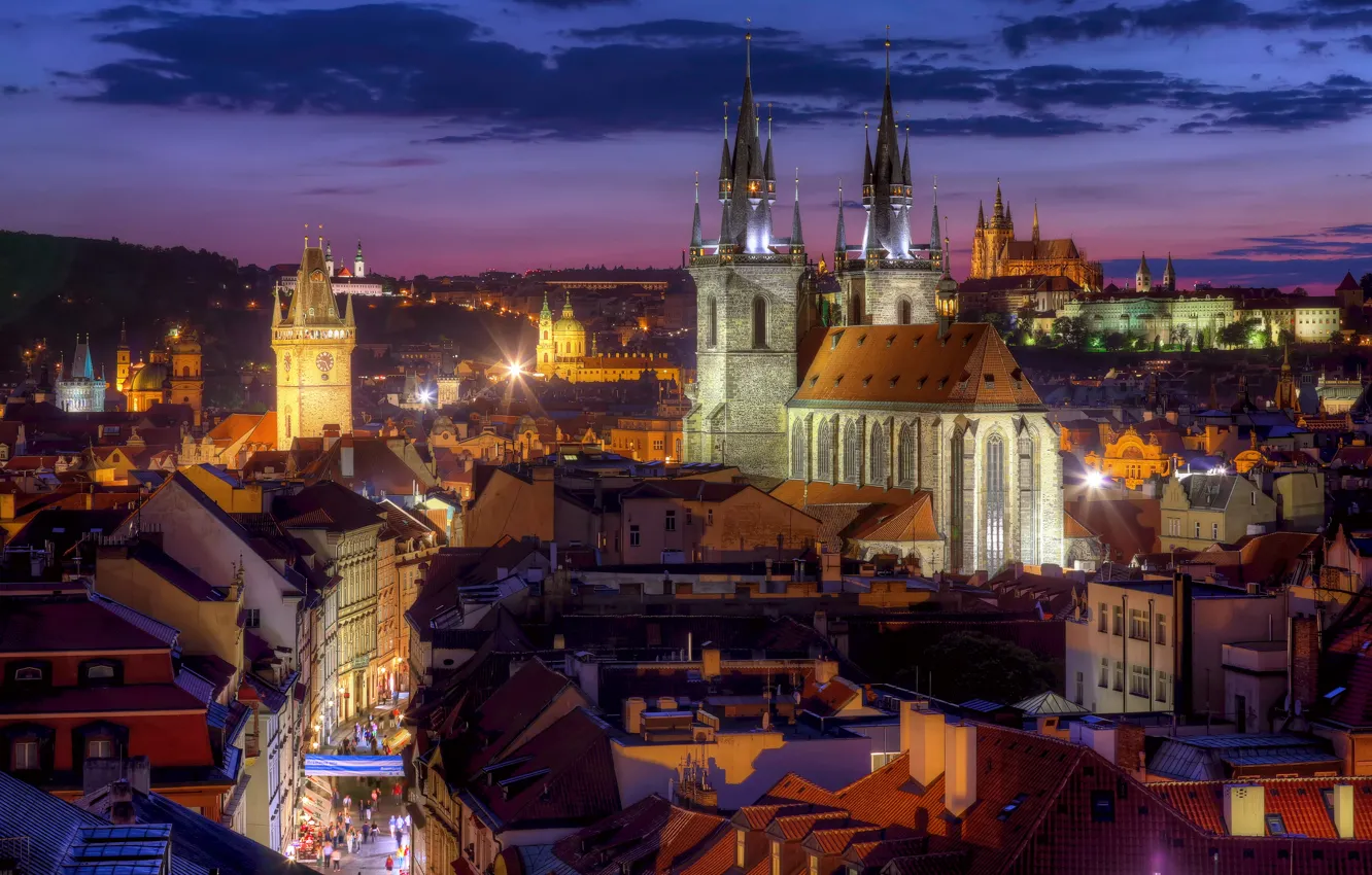 Photo wallpaper building, roof, Prague, Czech Republic, panorama, night city, Prague, Tyn Church