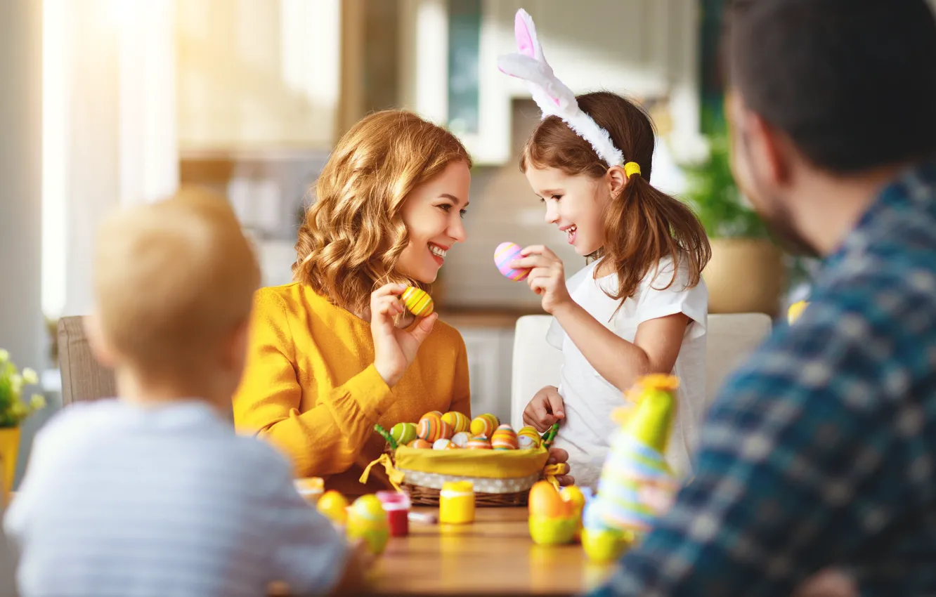 Photo wallpaper children, comfort, house, table, holiday, woman, eggs, spring