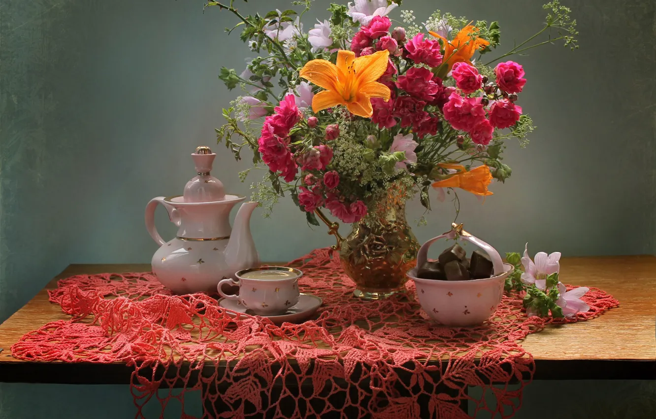 Photo wallpaper flowers, table, coffee, bouquet, kettle, candy, Cup, vase