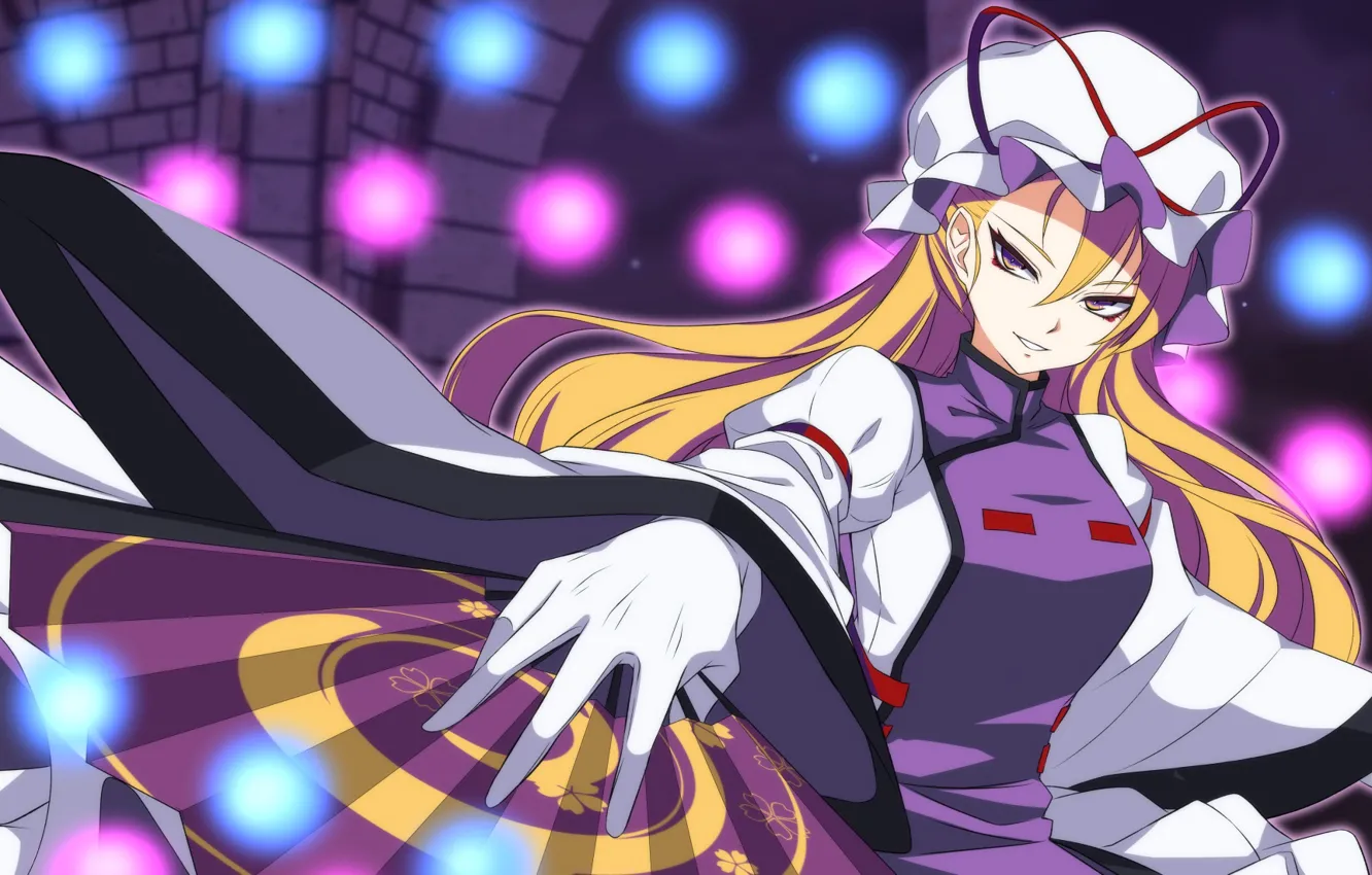 Photo wallpaper look, girl, smile, fan, touhou, Yukari Yakumo, Touhou, Touhou