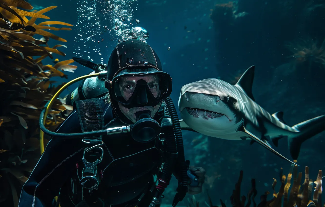 Photo wallpaper look, danger, predator, shark, corals, the diver, male, underwater world