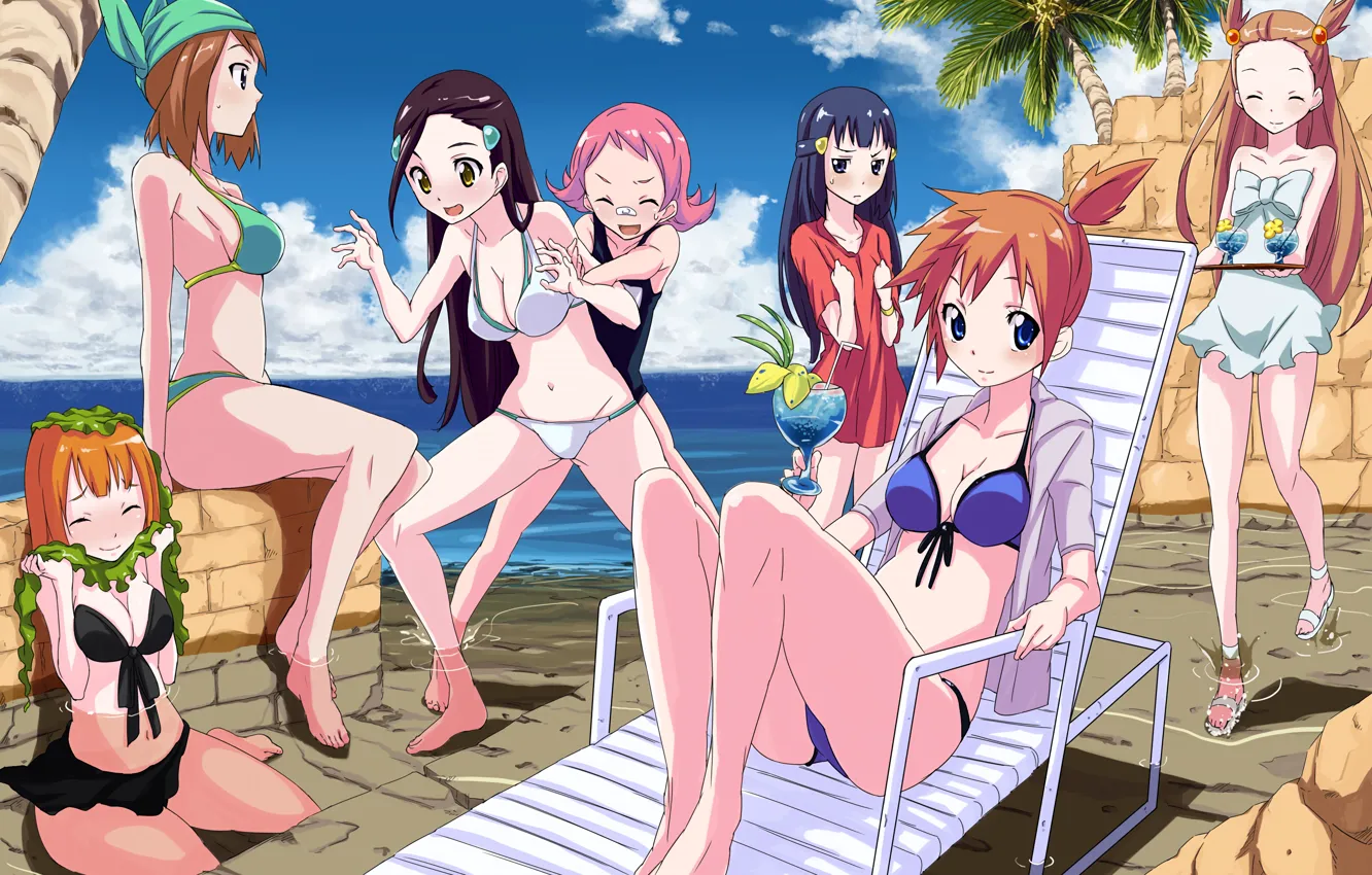 Photo wallpaper sexy, cleavage, beach, pink hair, long hair, dress, sea, girls