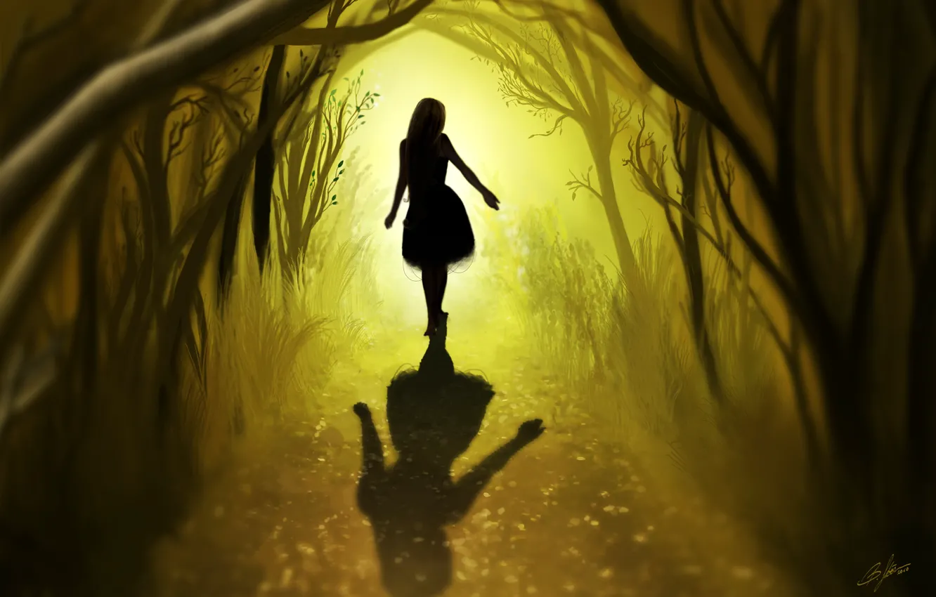 Photo wallpaper road, forest, leaves, girl, trees, hair, back, shadow