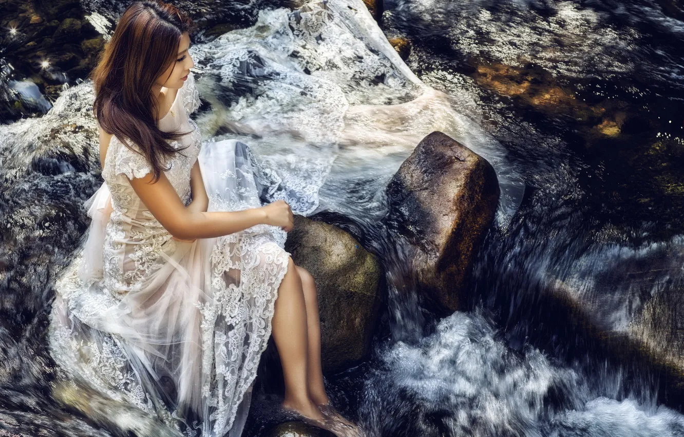 Photo wallpaper summer, girl, river, Asian