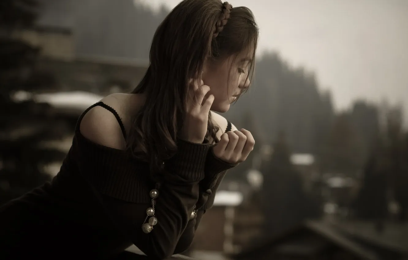 Photo wallpaper girl, brunette, beads, balcony, sweater