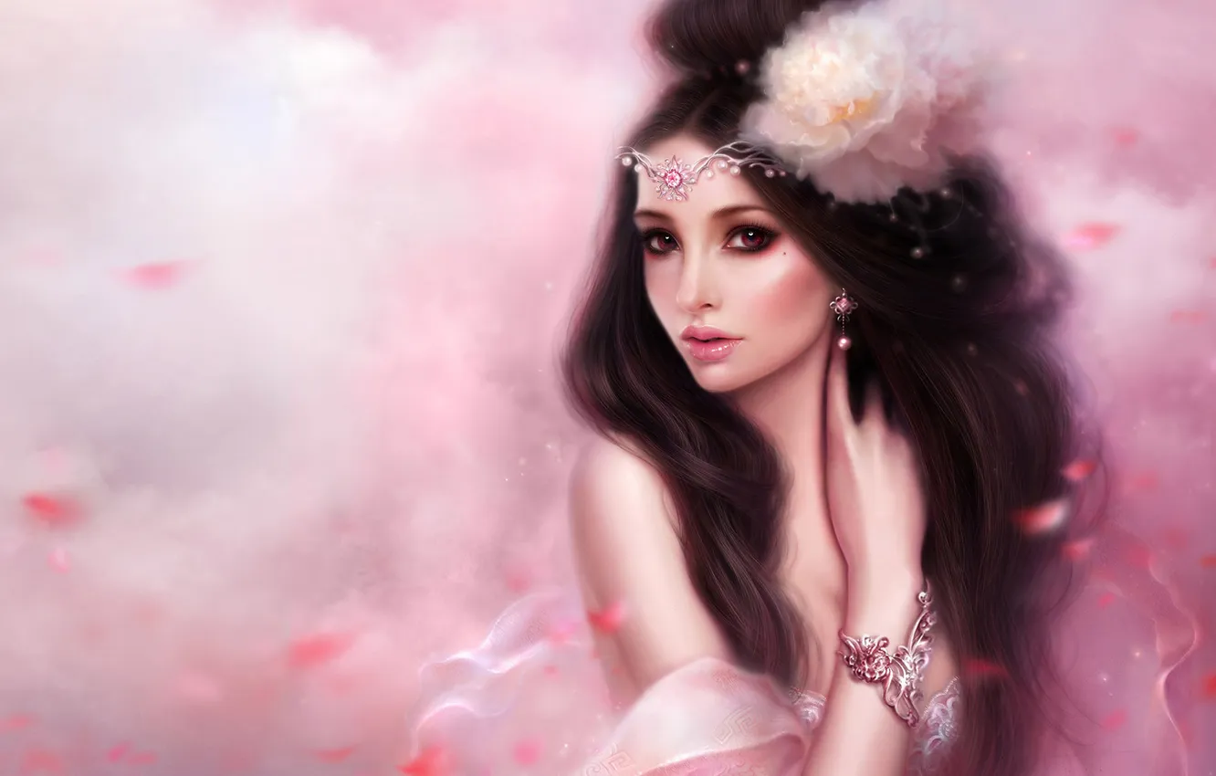 Photo wallpaper look, girl, decoration, flowers, tenderness, figure, petals