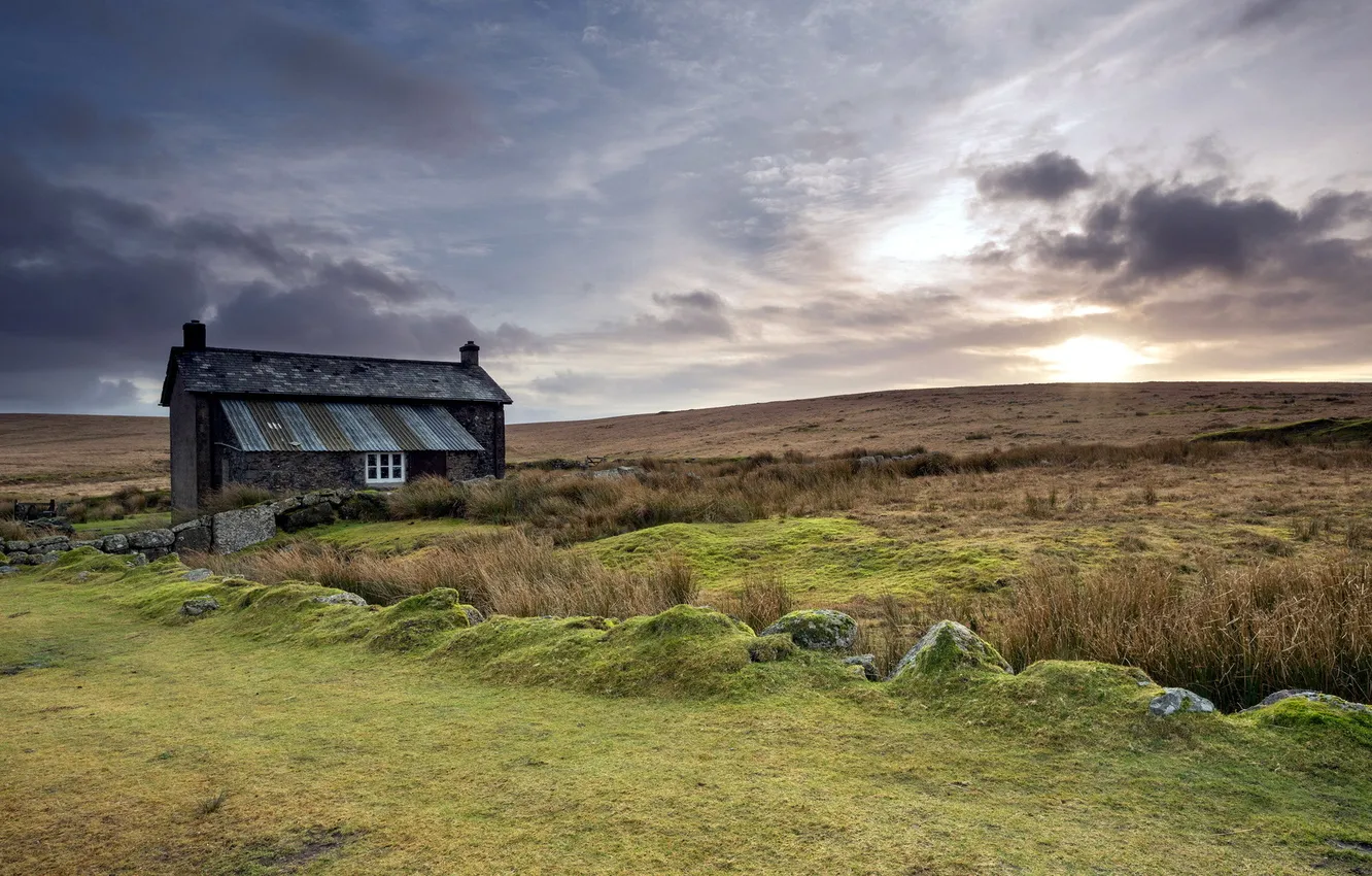 Photo wallpaper field, landscape, house, England, Princetown