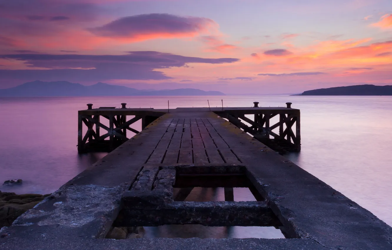 Photo wallpaper landscape, sunset, bridge, lake