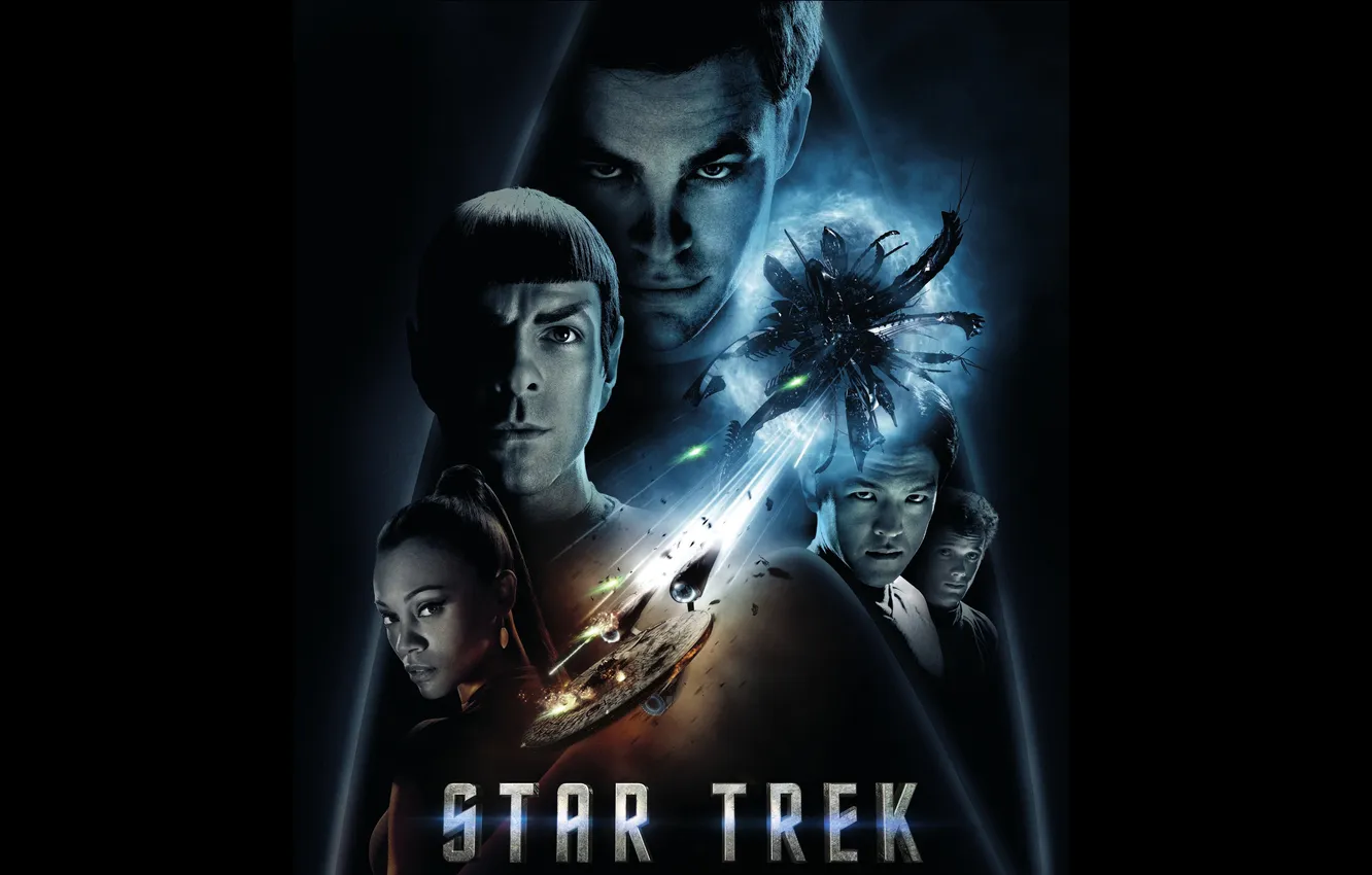 Photo wallpaper fiction, black background, Star trek, Star Trek, poster, Chris Pine, Zoe Saldana, spaceships