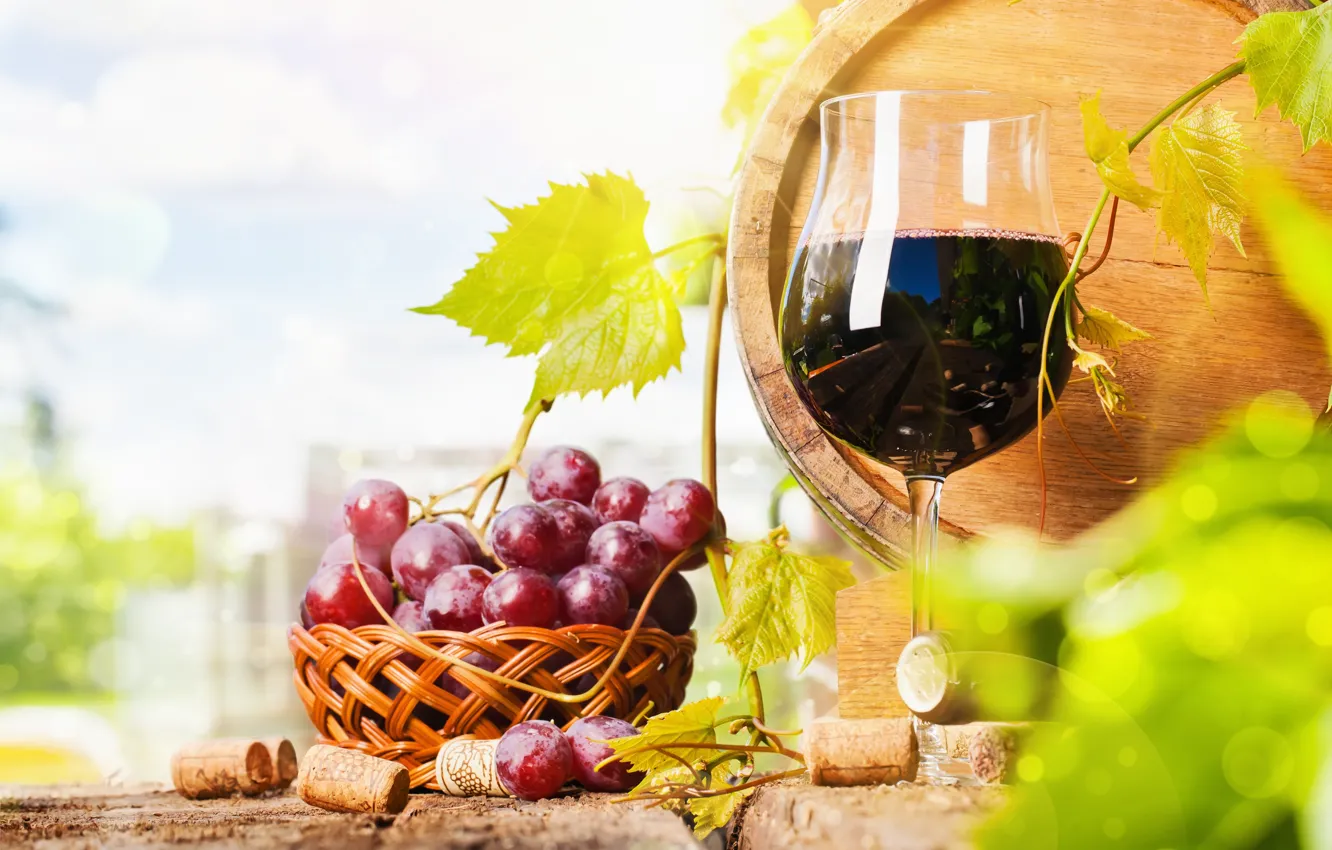 Photo wallpaper wine, glass, bottle, grapes, barrel, basket
