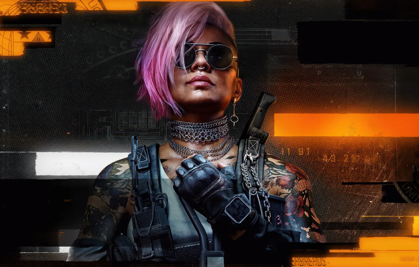 Photo wallpaper girl, Call of Duty, fighter, pink hair, tatoo, look, chains, sun glasses