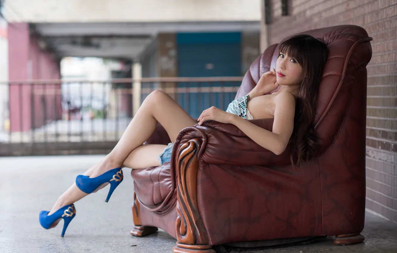 Photo wallpaper summer, look, girl, face, chair, heels, legs