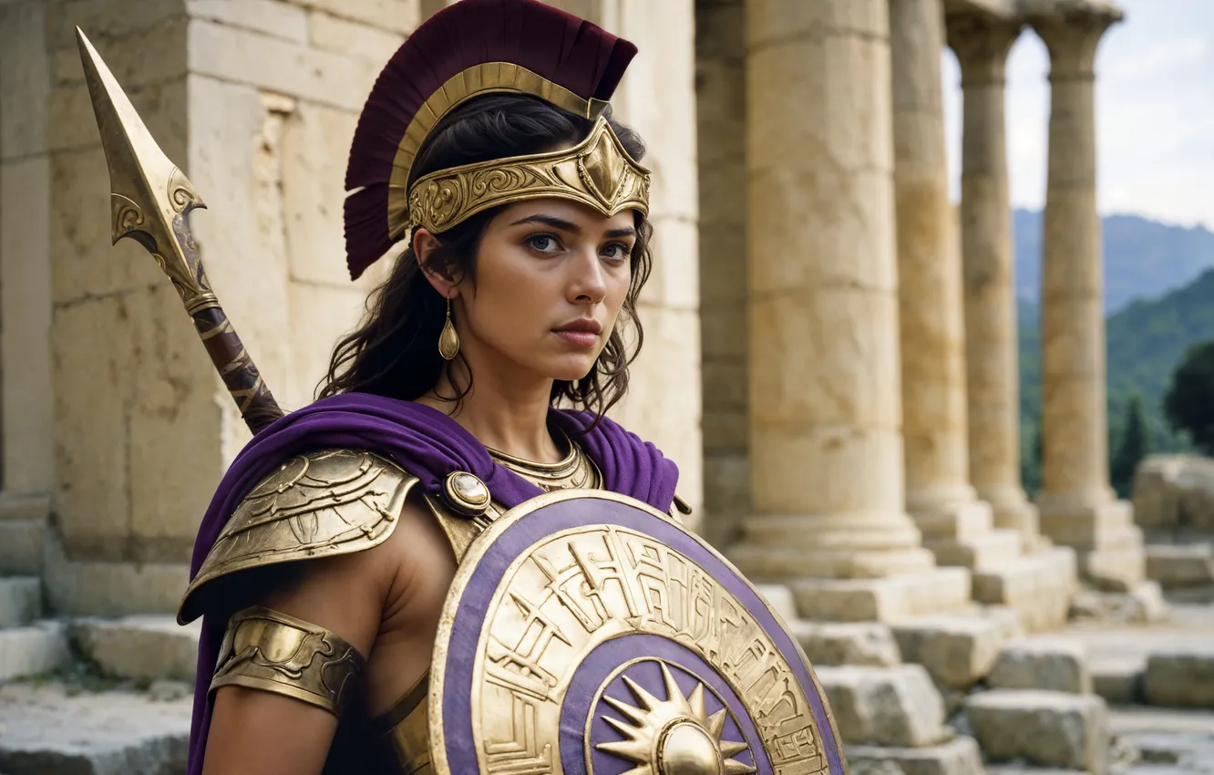 Photo wallpaper girl, armor, warrior, spear, shield, digital art, AI art, The Art of Artificial Intelligence