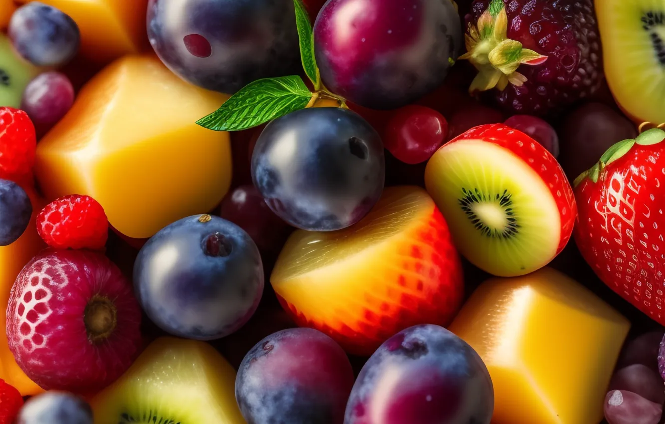 Photo wallpaper leaves, macro, berries, raspberry, food, kiwi, strawberry, fruit