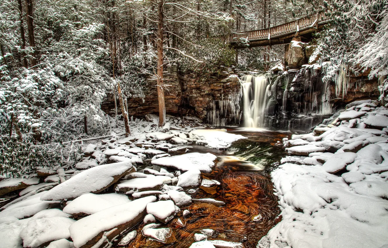 Photo wallpaper winter, forest, snow, trees, bridge, river, waterfall, West Virginia
