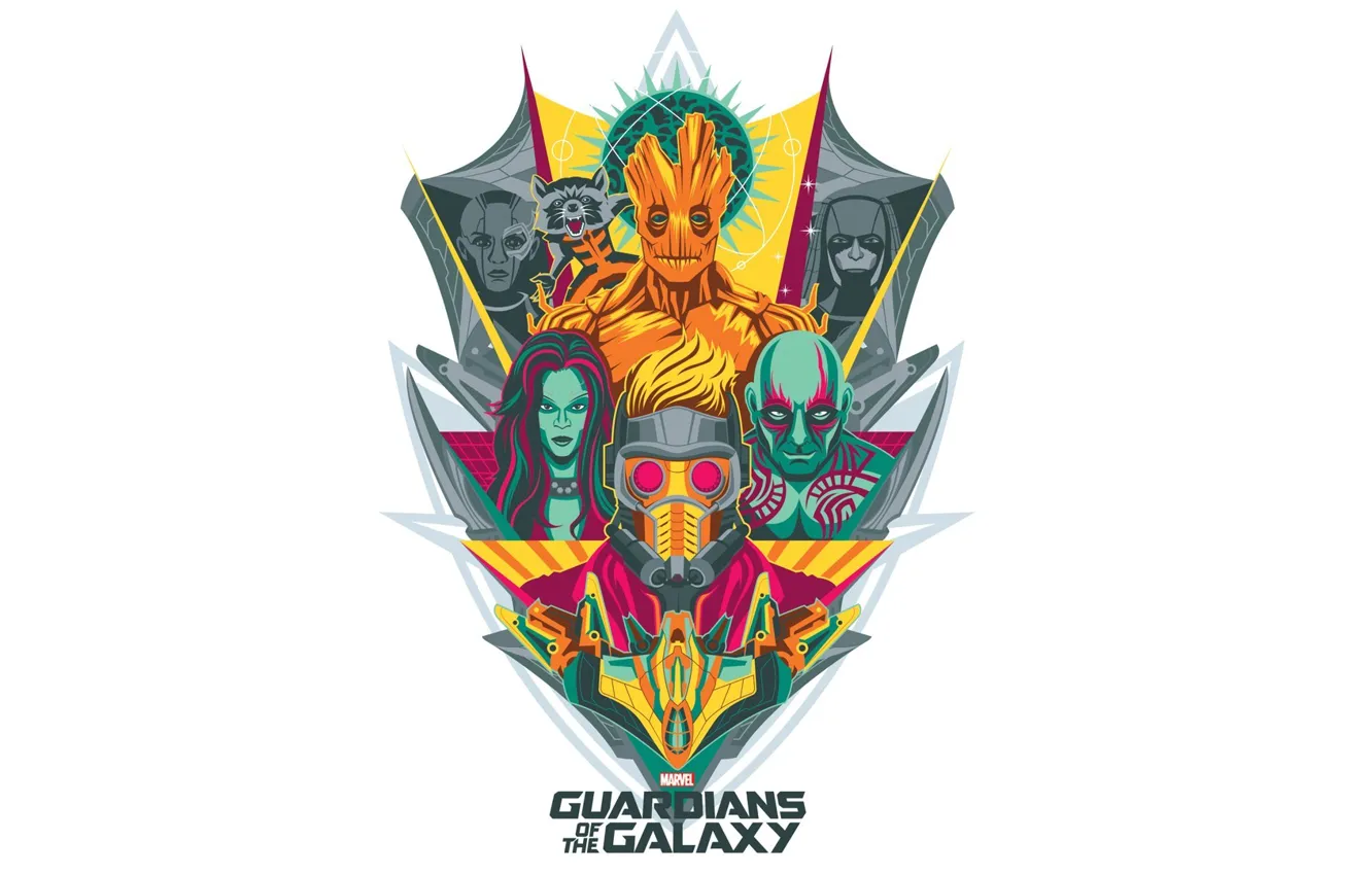 Photo wallpaper art, emblem, marvel, Rocket, Star-Lord, Guardians of the Galaxy, Gamora, Groot