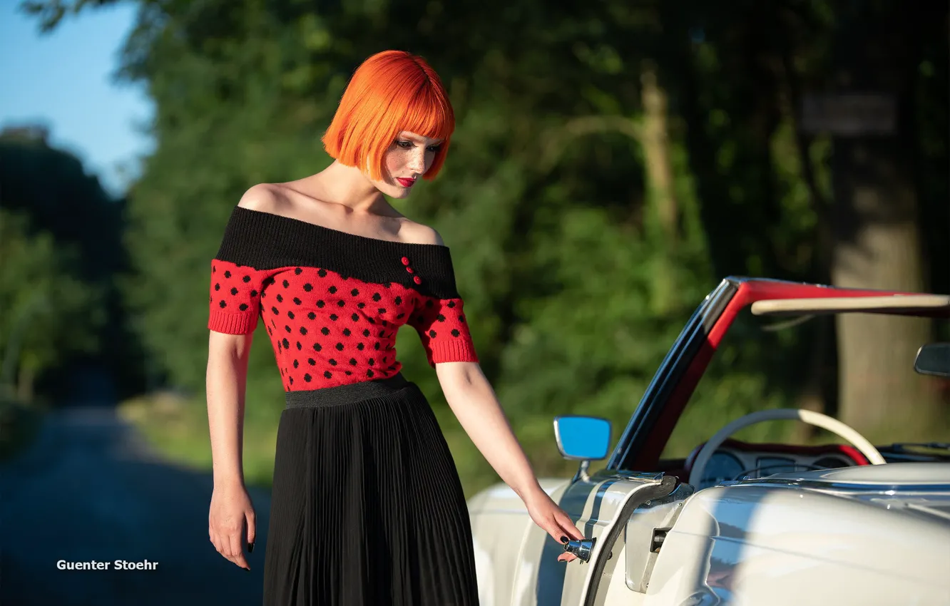 Photo wallpaper road, greens, forest, girl, the sun, trees, pose, model