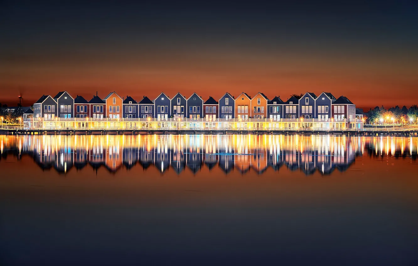 Photo wallpaper night, lights, reflection, home, Netherlands, Houten
