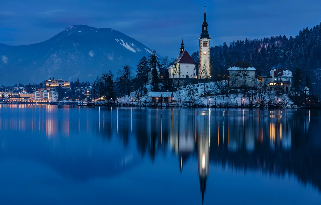 Photo wallpaper mountains, night, lake, reflection, island, Slovenia, Lake Bled, Slovenia