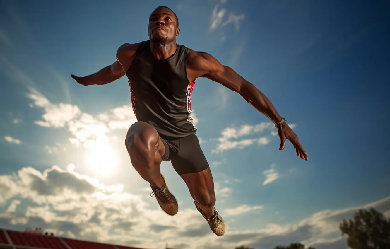 Photo wallpaper flight, male, athletics, Negro, digital art, AI art, The Art of Artificial Intelligence, Long Jump