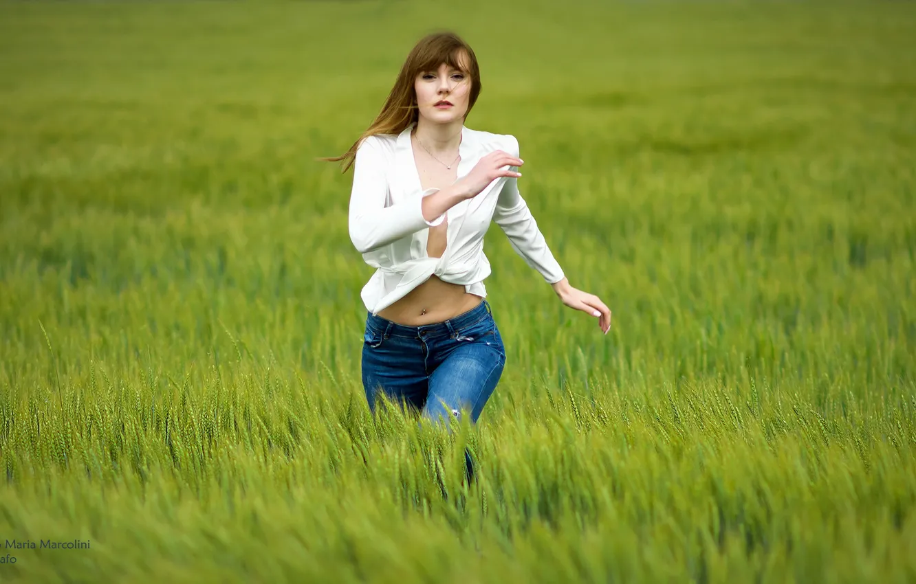 Photo wallpaper field, girl, movement, jeans, running, green grass, white blouse, Marco Maria Marcolini