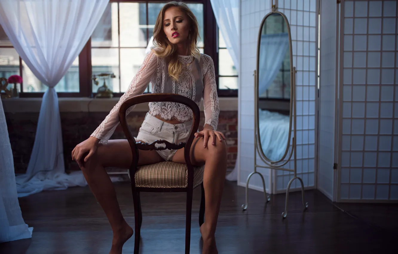 Photo wallpaper pose, model, shorts, mirror, chair, blouse