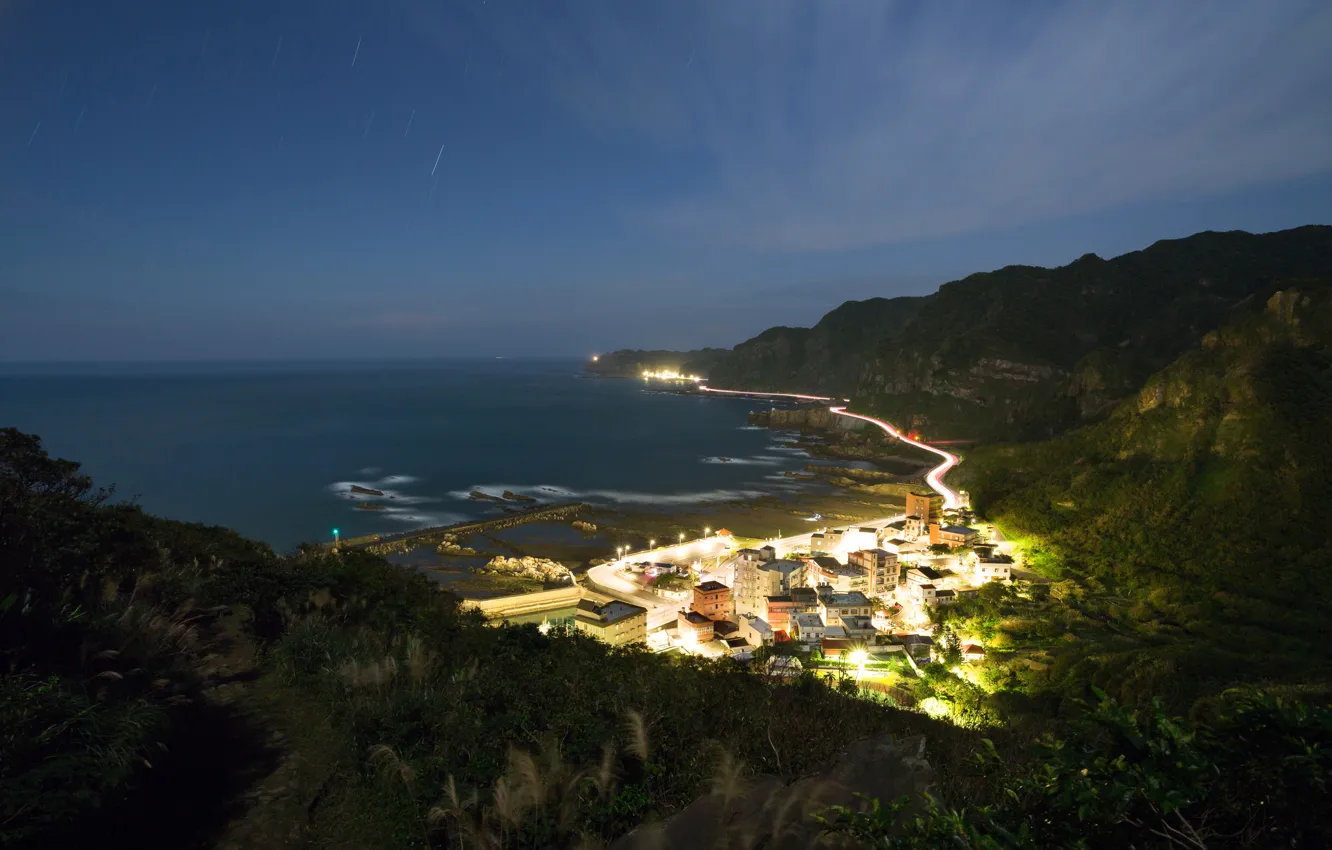 Photo wallpaper sea, mountains, night, the city, lights