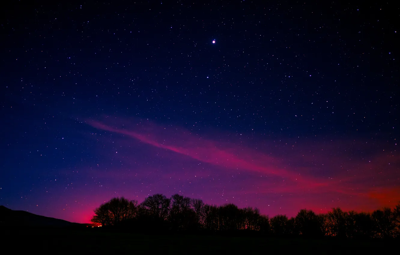 Photo wallpaper stars, clouds, trees, landscape, sunset, nature, horizon, glow