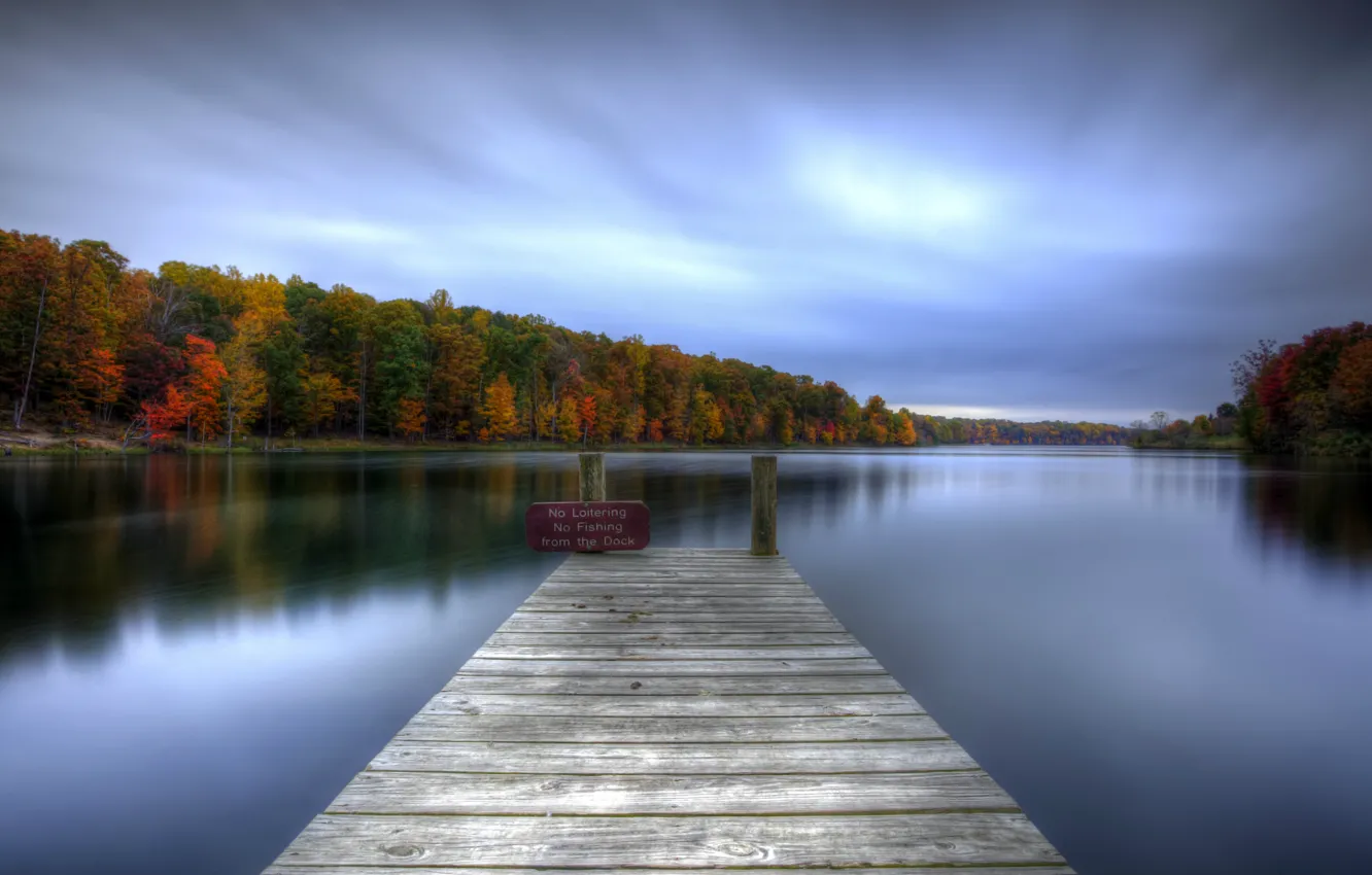 Photo wallpaper autumn, the sky, water, trees, clouds, surface, reflection, plate