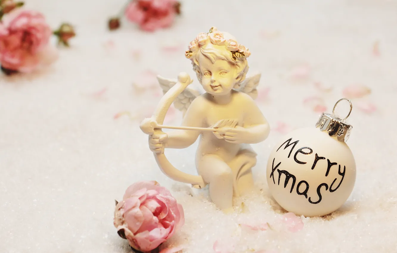 Photo wallpaper snow, flowers, holiday, balls, toy, angel, Christmas, figures