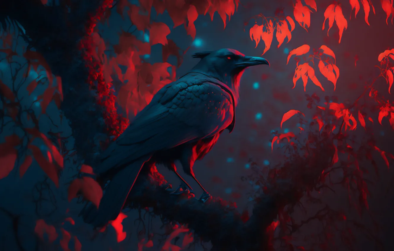 Photo wallpaper leaves, bird, Raven