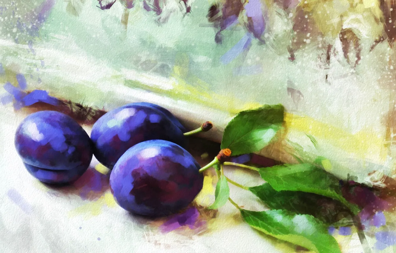 Photo wallpaper leaves, berries, plum