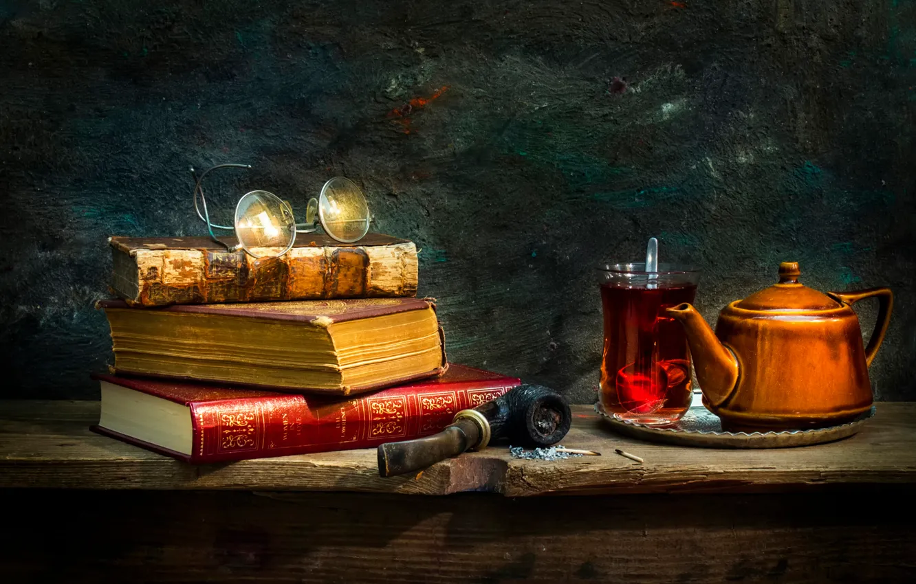 Photo wallpaper glass, tea, books, tube, glasses, Tradition