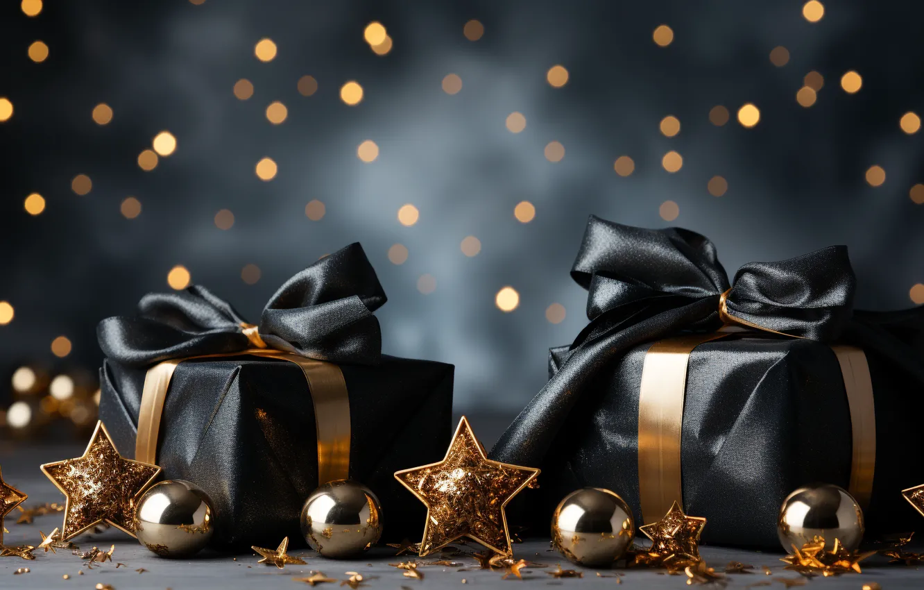 Photo wallpaper decoration, gift, balls, new year, Christmas, golden, black, Christmas