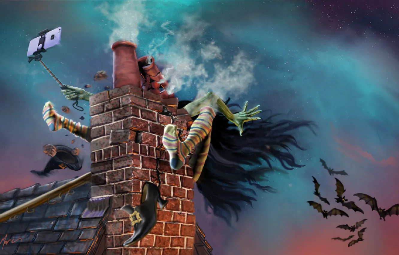 Photo wallpaper crash, pipe, Halloween, bats, on the roof, witch, selfie, striped stockings
