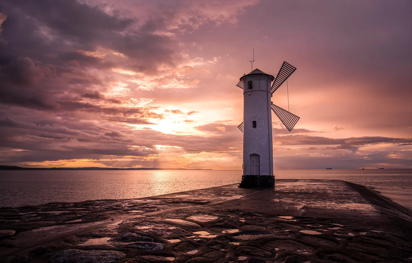 Photo wallpaper sea, the sky, the sun, clouds, sunset, shore, lighthouse, pond