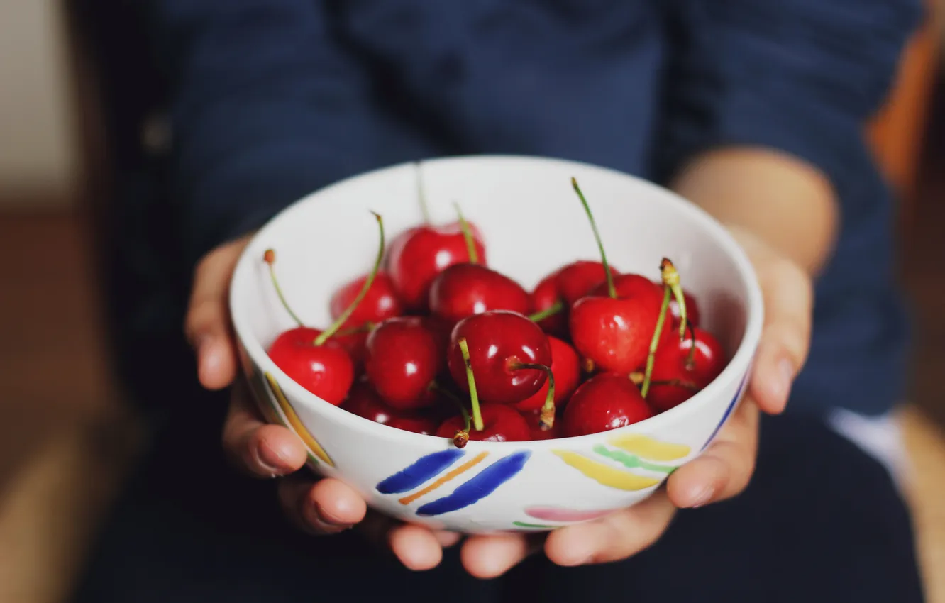 Photo wallpaper berries, plate, bowl, a lot, cherry