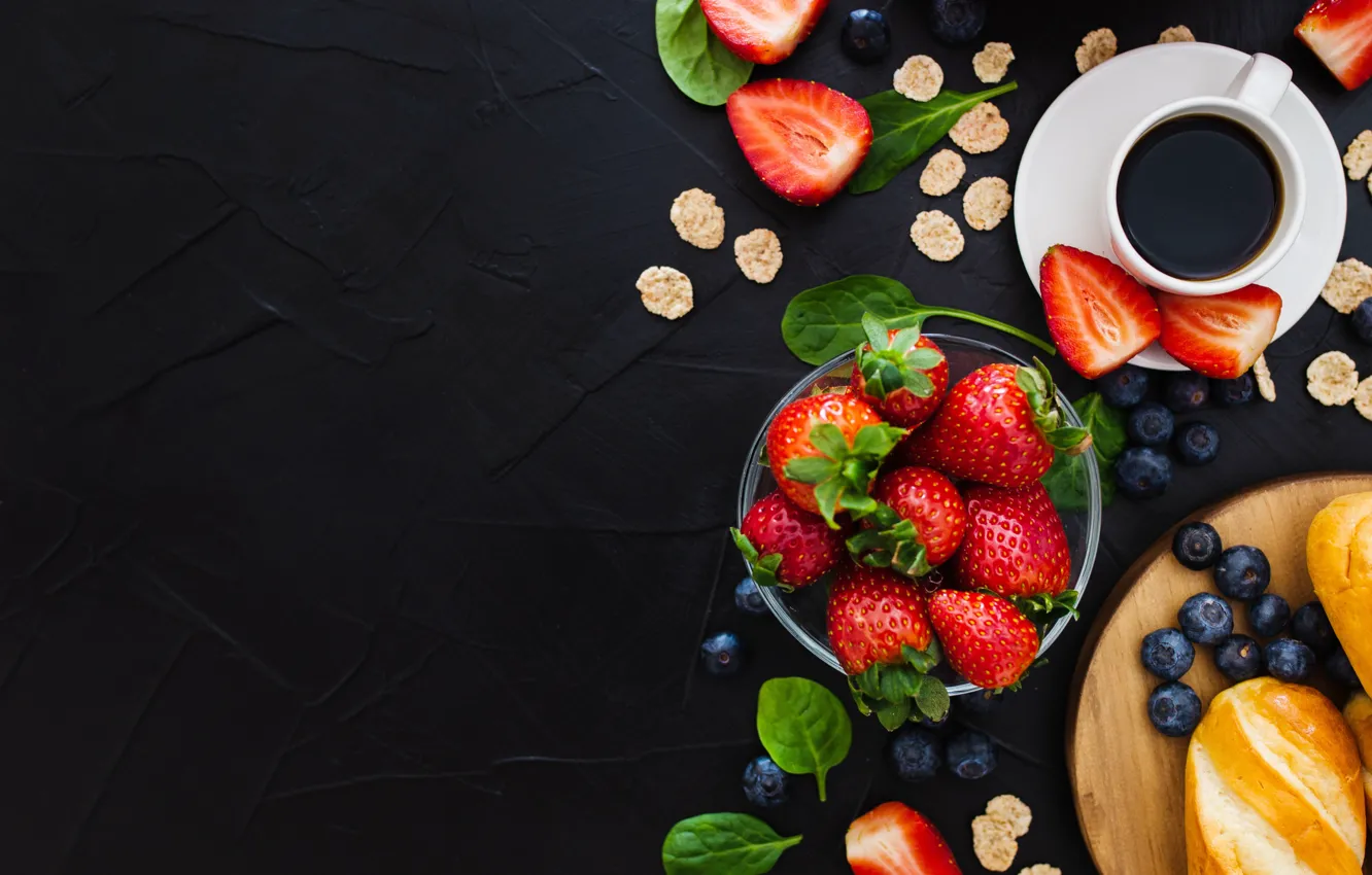 Photo wallpaper berries, background, black, coffee, Breakfast, blueberries, strawberry, buns