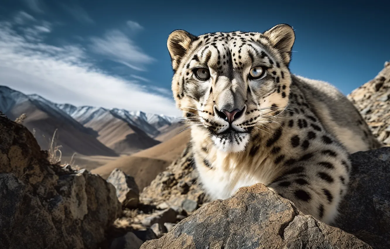 Photo wallpaper face, IRBIS, snow leopard, digital art, AI art, The Art of Artificial Intelligence, neural network