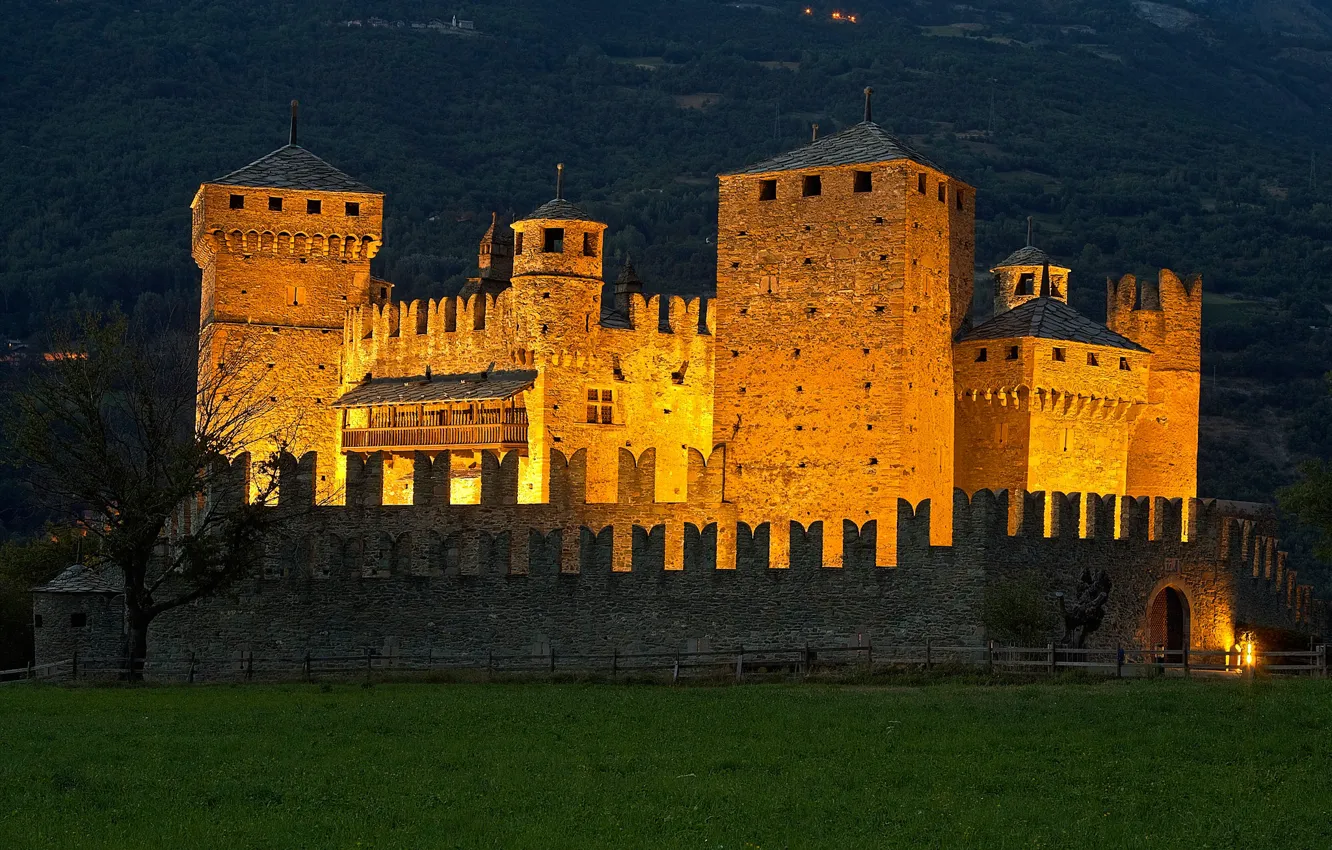 Photo wallpaper night, lights, castle, Italy, Fenis, Valle d'aosta