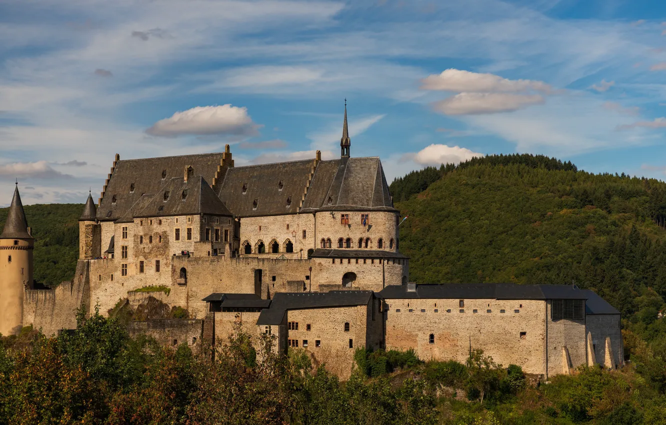 Photo wallpaper autumn, forest, clouds, landscape, castle, hills, view, tower