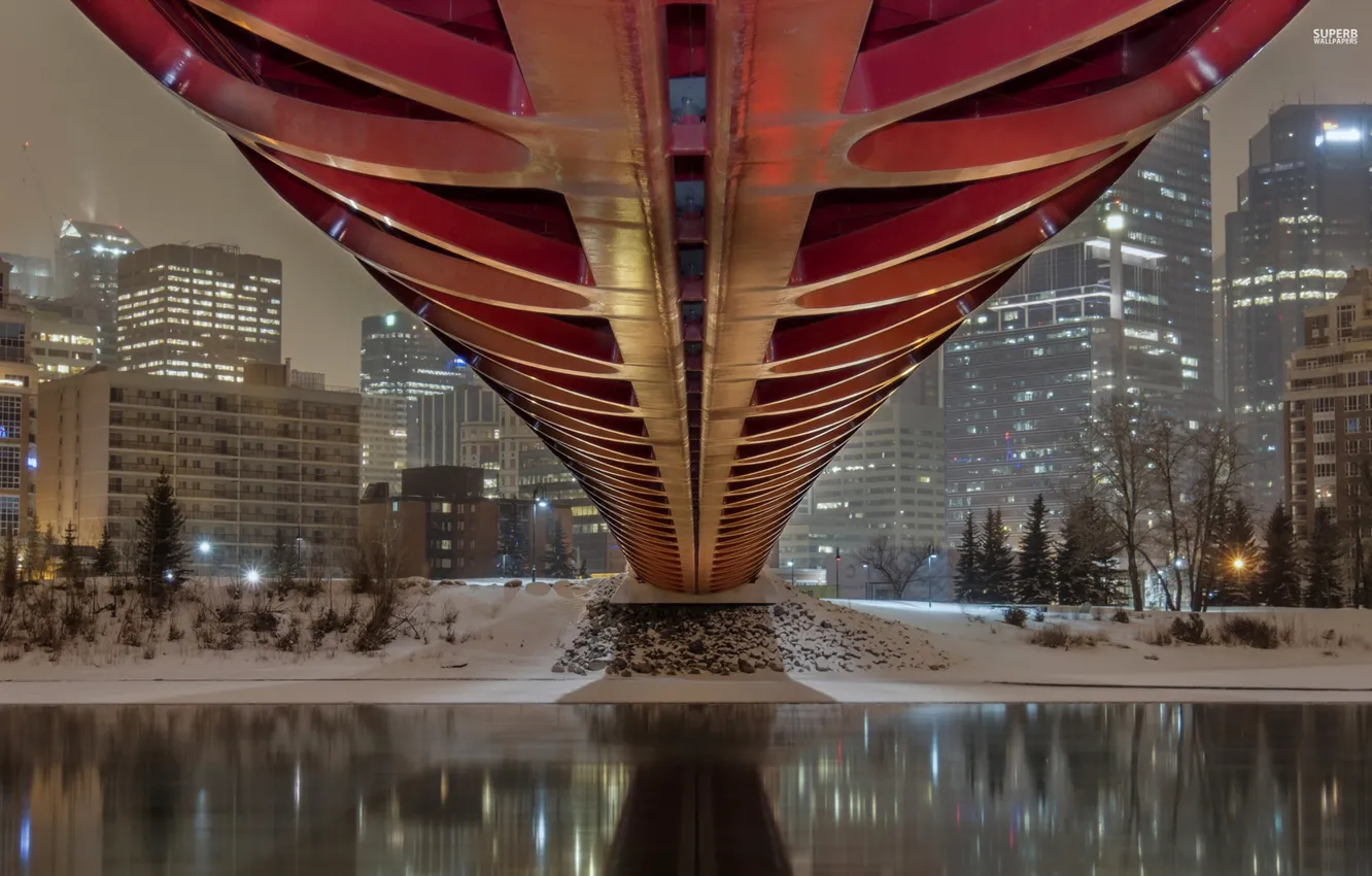 Photo wallpaper winter, bridge, lights, river, home, the evening