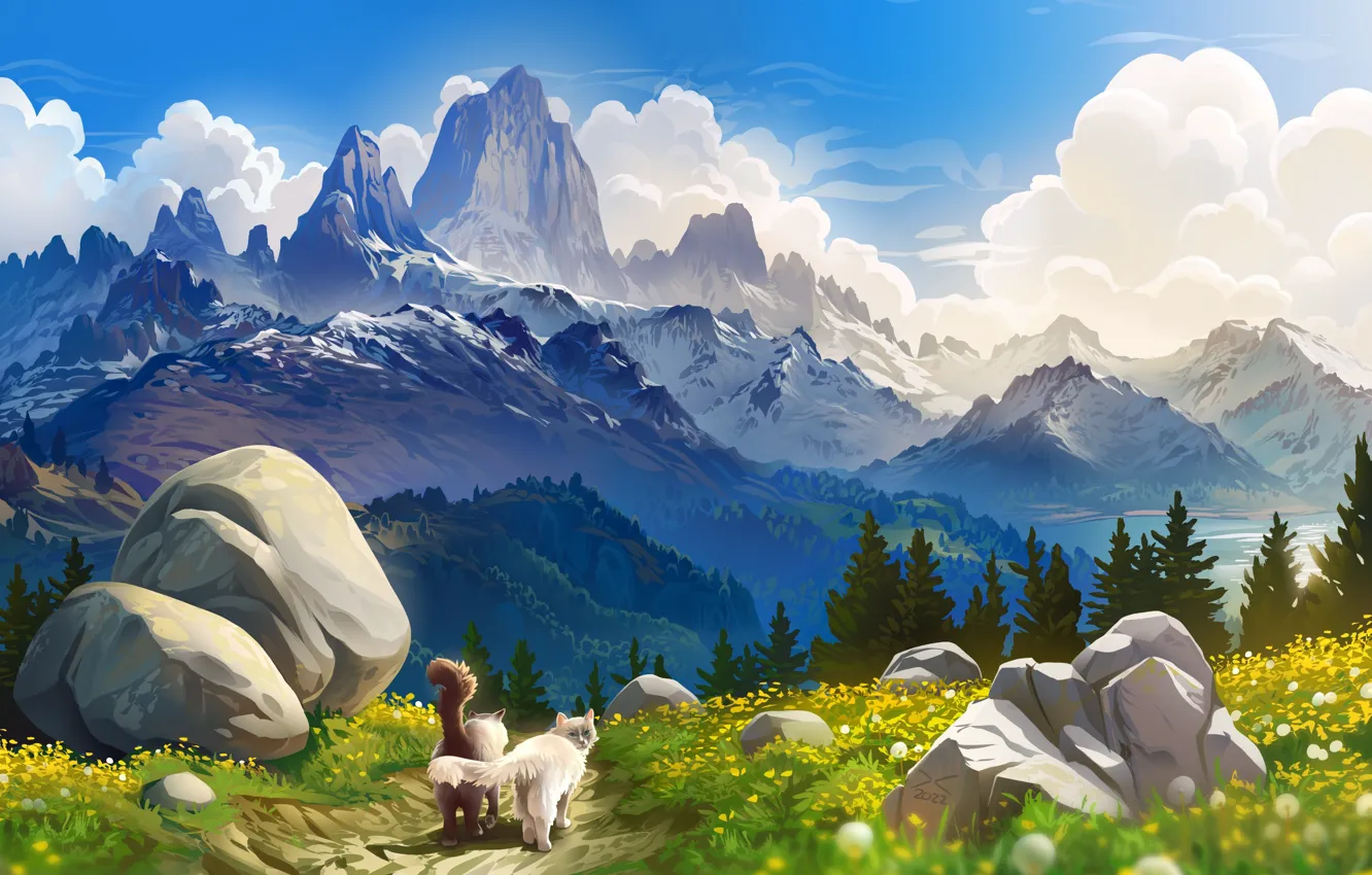 Photo wallpaper mountains, cats, meadow