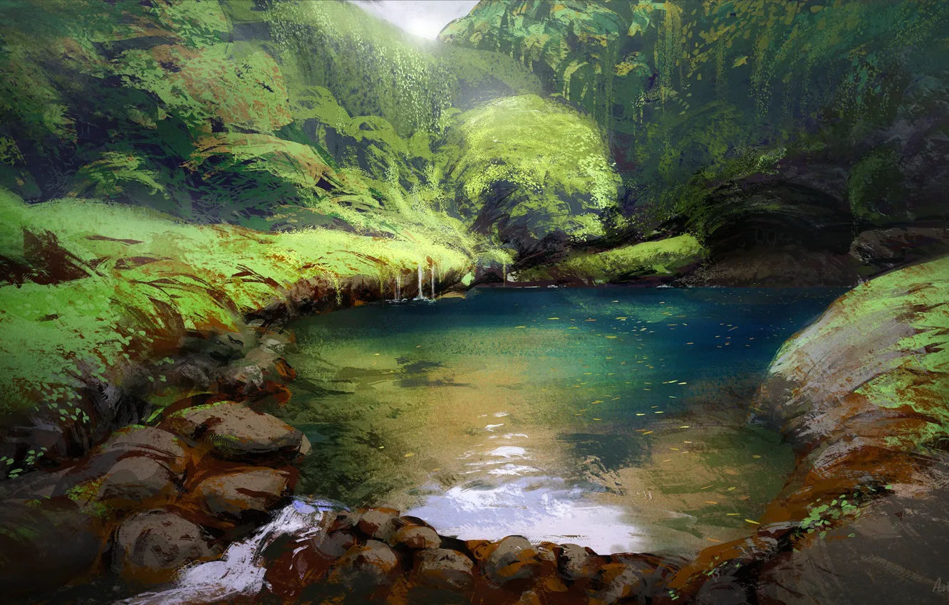 Photo wallpaper trees, landscape, lake, stones, art, art