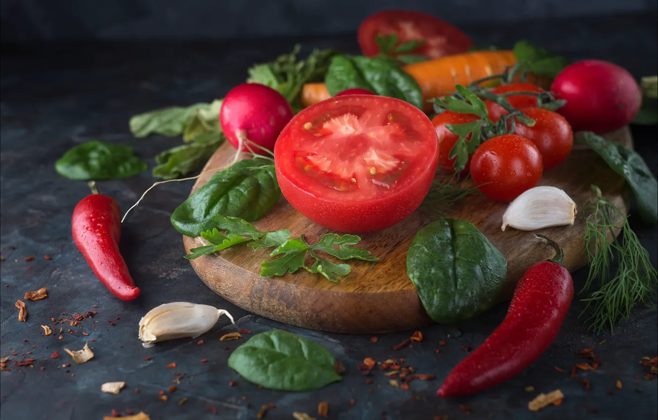 Photo wallpaper greens, the dark background, table, dill, pepper, placer, vegetables, tomatoes