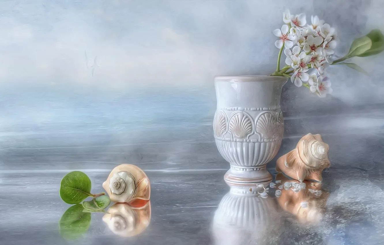 Photo wallpaper ice, water, birds, petals, shell, still life, Apple, vase antique