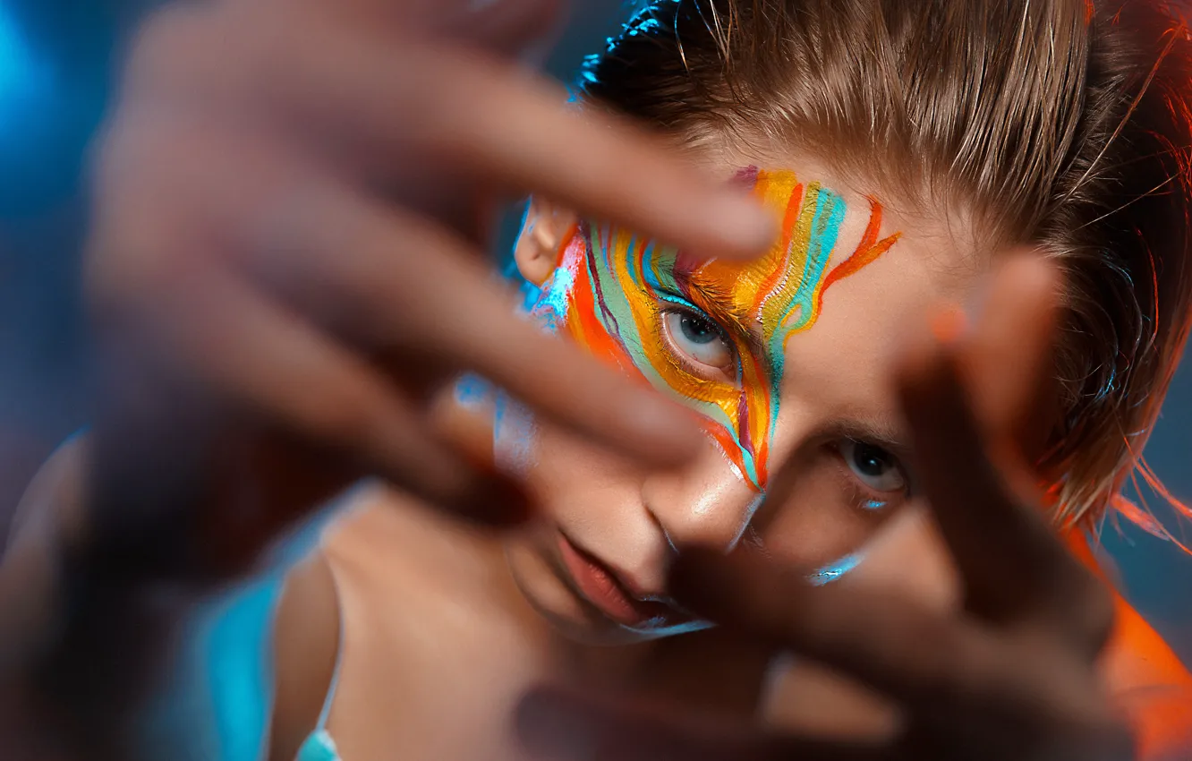 Photo wallpaper look, girl, face, background, paint, color, makeup