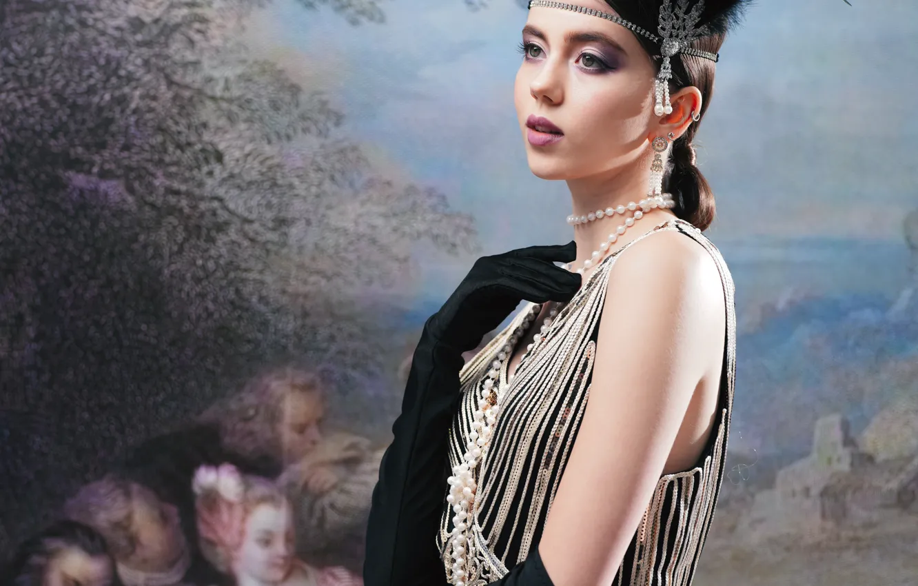 Photo wallpaper decoration, background, model, portrait, makeup, dress, hairstyle, outfit